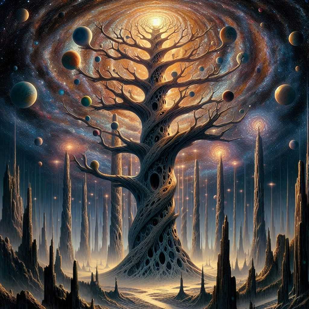 Oil painting of the 9 worlds of Yggdrasil world - DALL-E prompt