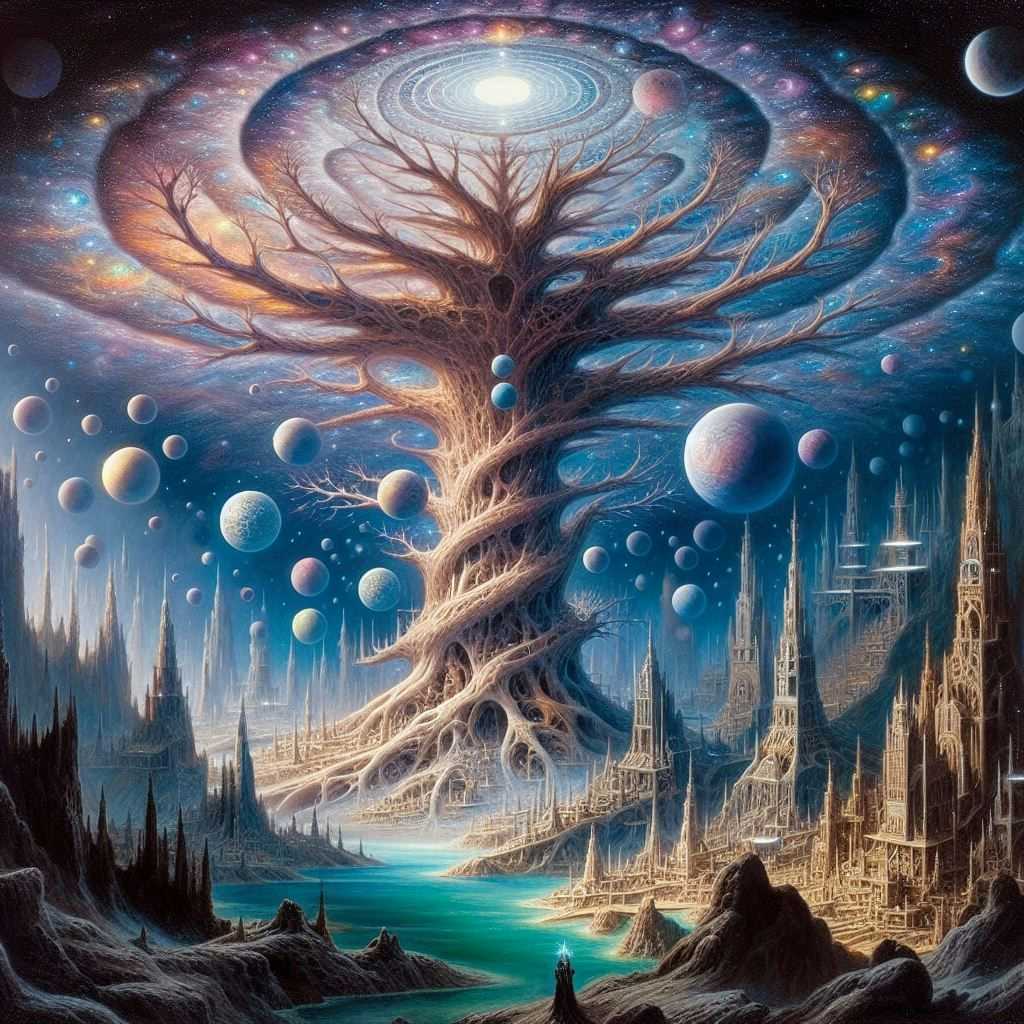 Oil painting of the 9 worlds of Yggdrasil world - DALL-E prompt